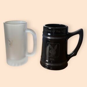 Vintage Playboy 1974 Logo Beer Mugs Frosted Clear & Black Pair (2) Retro Barware